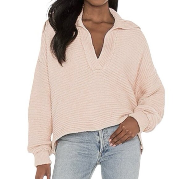 Free People Marlie Pullover Sweater Blush Pink Sz L Oversize Cozy Knit Boxy Crop - Picture 1 of 8